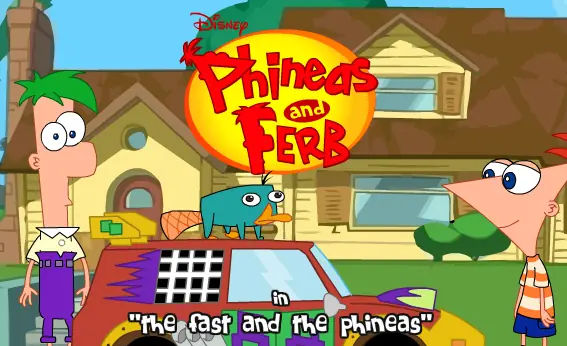 Phineas and Ferb in "The Fast and the Phineas" logo